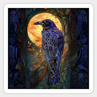 Beautiful Raven in a Forest with Full Moon - stained glass effect Sticker
